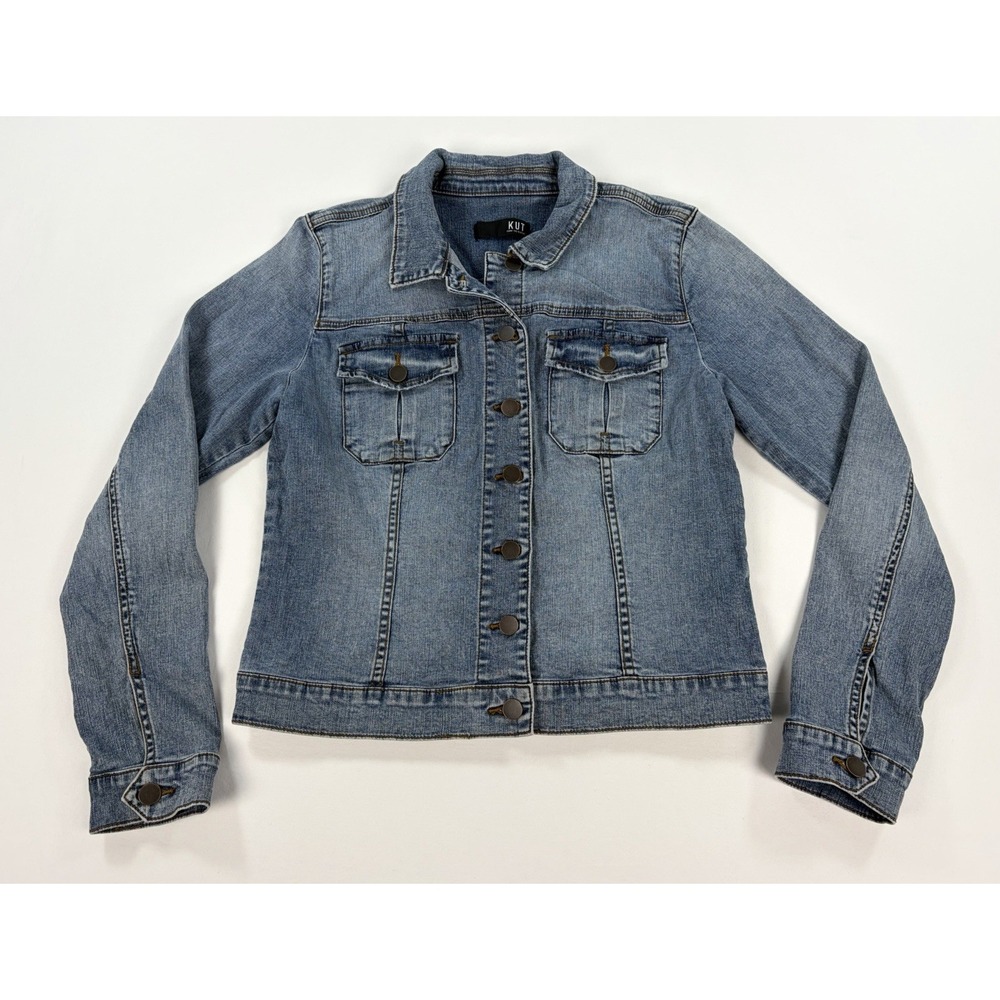 KUT from the Kloth Amelia Denim Jacket Women's L Blue Trucker Jean Coat Stretch
